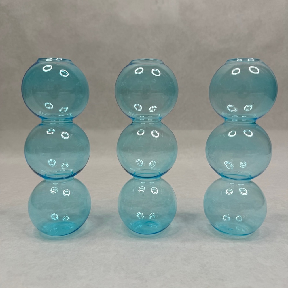 Set of 3 Transparent Blue Hydroponic Flower Vase - Three Balls - 6.5”